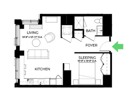 Floor plan for studio, 1 bath, 657 sqft